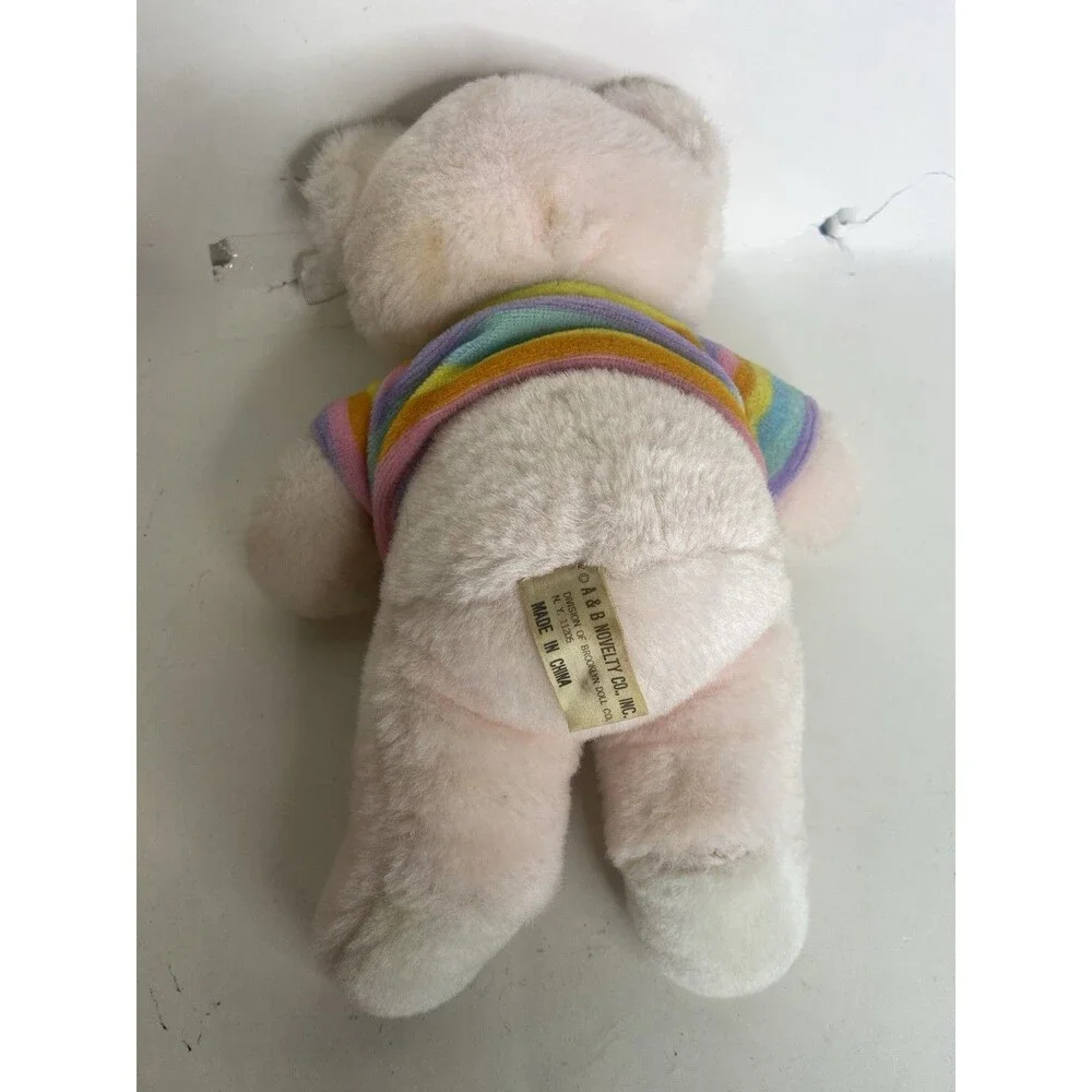 A&B Novelty Teddy Bear Pink Plush Striped Shirt Stuffed Animal Toy Vintage 1982